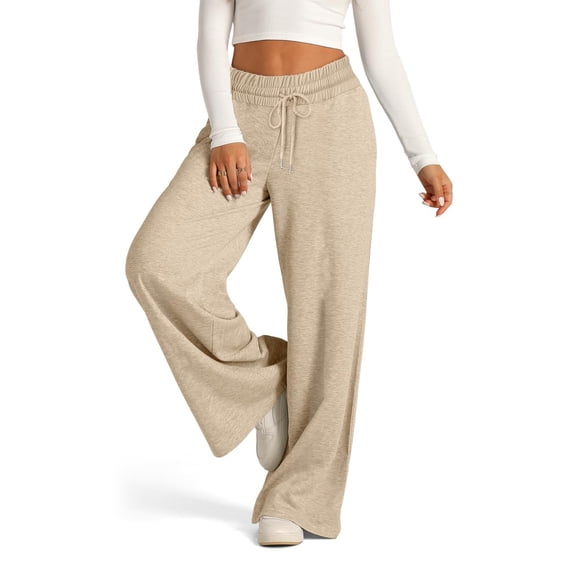 Nestiefly Womens Wide Leg Sweatpants Drawstring Elastic Waist Baggy Lounge Pants Baggy Sweat Pant Fall Winter Joggers Pant with Pockets Khaki L