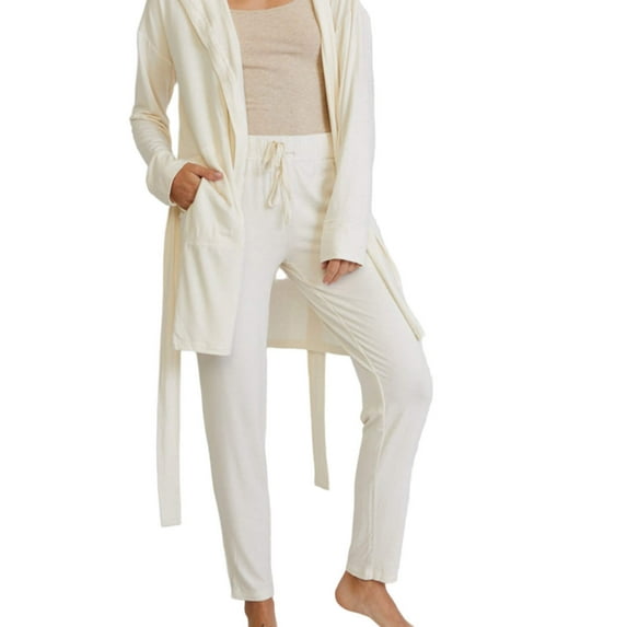 Nestin Women’s Hooded Jersey Robe & Pants Loungewear Set, Small, Ivory