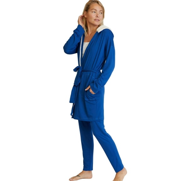 Nestin Wonen's Relaxed Fit Cozy and Soft Hooded Jersey Robe & Pants Women's Loungewear Set, Small, Navy Blue