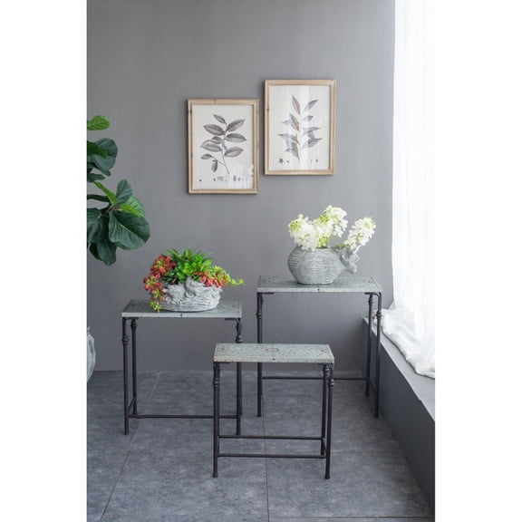 Nesting Accent Tables, Set of 3, Galvanized Metal Top, Iron Base, Suitable for Plant Stands, Gilbert Collection