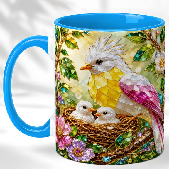 Nesting Bird Coffee Mug, Floral Bird Mug, Ceramic 11 oz