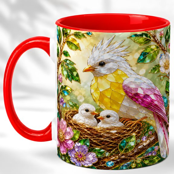 Nesting Bird Coffee Mug, Floral Bird Mug, Ceramic 11 oz