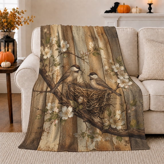 Nesting Birds Branch Rustic Wood, Peaceful Bird Art Scene, Warm Flannel Blanket for Ranch House and Living Room, Bird Lovers Housewarming Gift, Artistic Home Decor