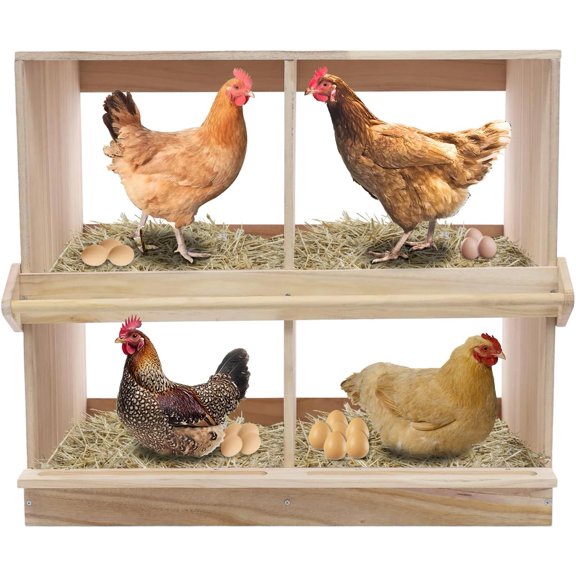 Nesting Box for Chickens, Solid Wood Chicken Nesting Box 4 Compartment Hen Nesting Box with Perch & Guard Ventilated Eggs Nest Box for Hens, Ducks