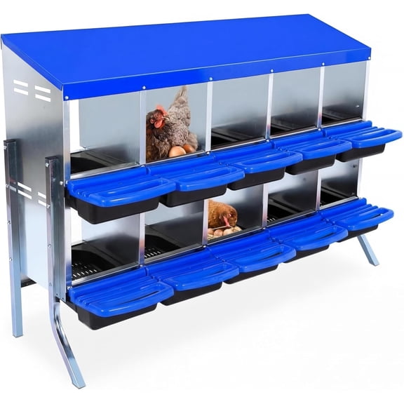 Nesting Boxes for Chickens, 10 Hole Metal Chicken Nesting Boxes with Lid, Legs, Ventilation Holes and Waterproof Pitched Roof, Chicken Laying Box for Hens, Blue