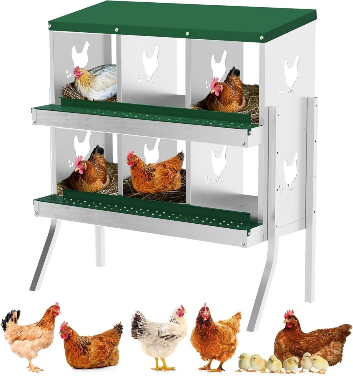 Nesting Boxes for Chickens, 6 Compartment Metal Chicken Laying Boxes with Metal Legs, Perch, Secure Lid, Wall Mount/ Freestanding for Hens, Green