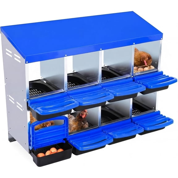 Nesting Boxes for Chickens, 8 Hole Metal Chicken Nesting Boxes, Ventilation Holes and Waterproof Pitched Roof, Chicken Laying Box for Hens, Blue