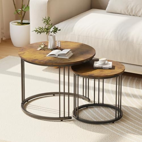 Nesting Coffee Table, 23.6" Round Coffee Table Set of 2, Wooden Nesting Table with Metal Frame, Ceter Tables for Living Room Bedroom Balcony, Rustic Brown