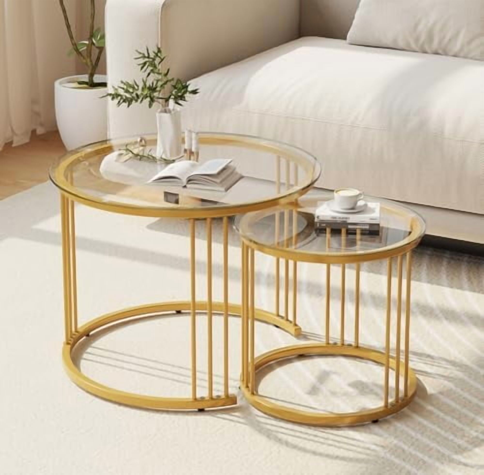 Nesting Coffee Table, 23.6" Round Coffee Table Set of 2, Glass Nesting ...