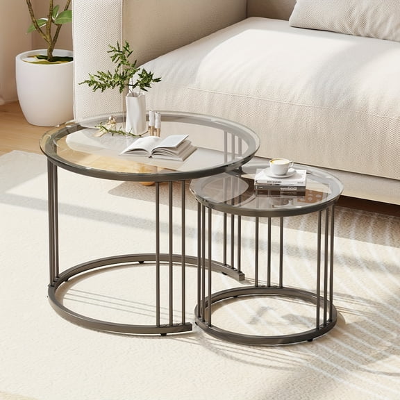 Nesting Coffee Table, 23.6 Inch Round Coffee Table Set Of 2, Glass Nesting Table with Metal Frame for Living Room Bedroom Balcony