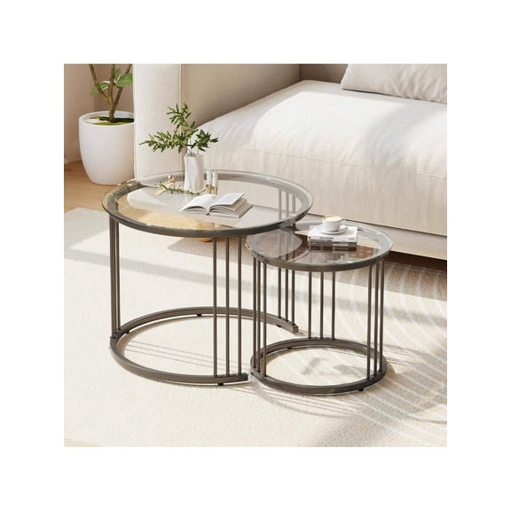 Nesting Coffee Table, 23.6" Round Coffee Table Set Of 2, Glass Nesting Table With Metal Frame, Ceter Tables For Living Room Bedroom Balcony