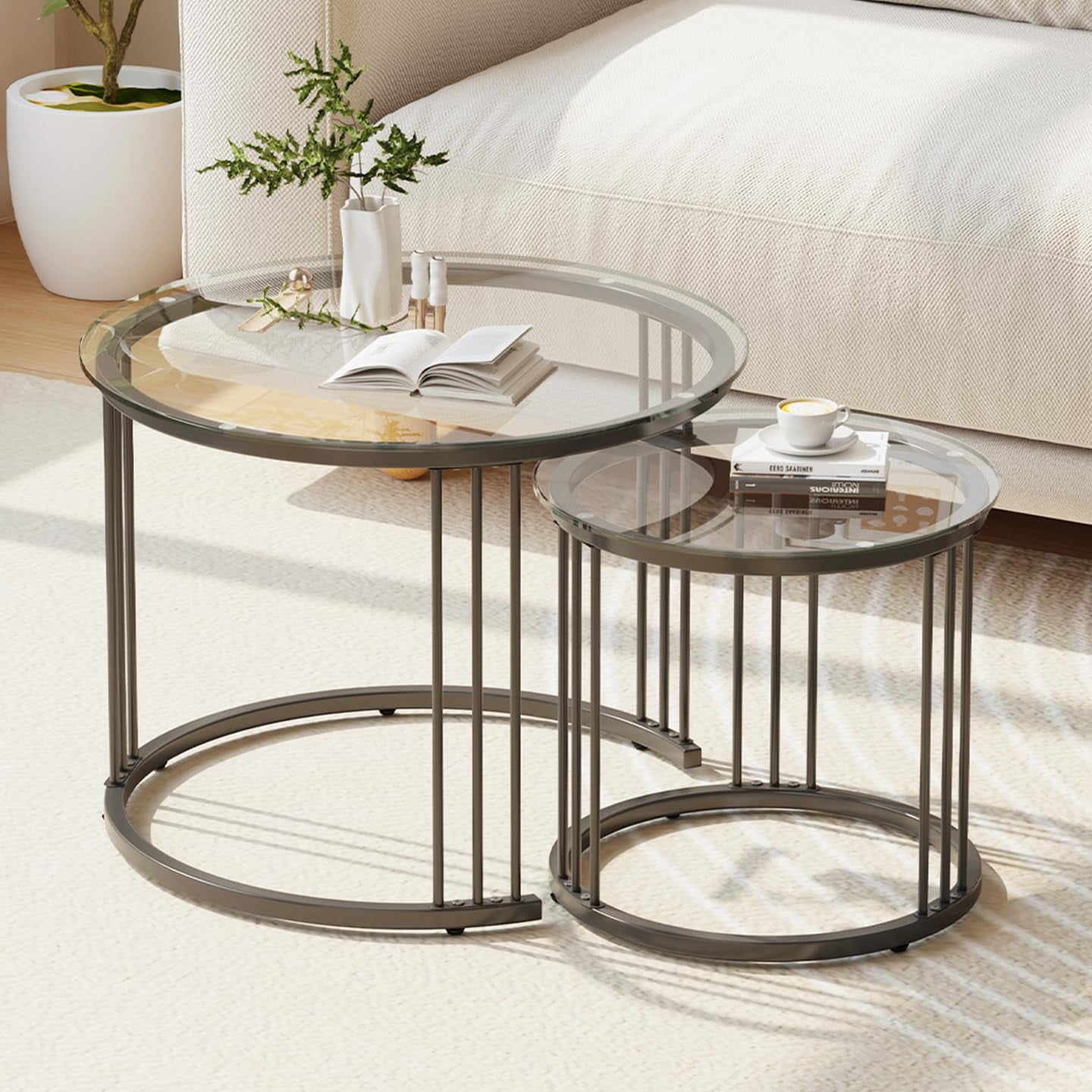 Nesting Coffee Table, 23.6" Round Coffee Table Set of 2, Glass Nesting Table with Metal Frame, Ceter Tables for Living Room Bedroom Balcony, Black