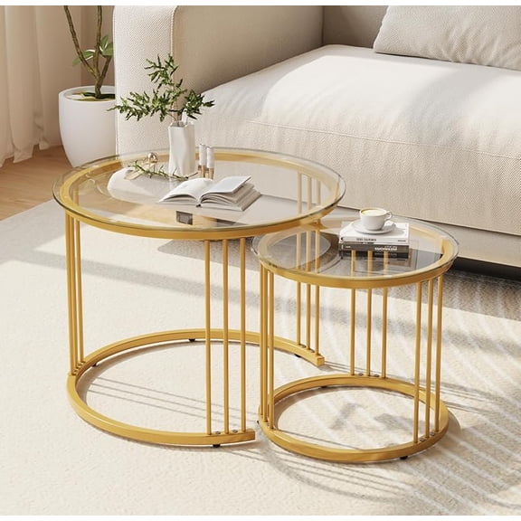 Nesting Coffee Table, 23.6" Round Coffee Table Set of 2, Glass Nesting Table with Metal Frame, Ceter Tables for Living Room Bedroom Balcony, Gold