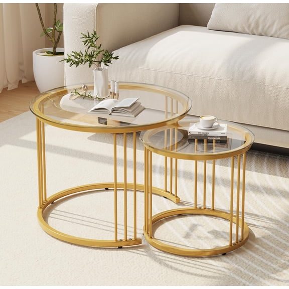 Nesting Coffee Table, 23.6" Round Coffee Table Set of 2, Glass Nesting Table with Metal Frame, Ceter Tables for Living Room Bedroom Balcony, Gold
