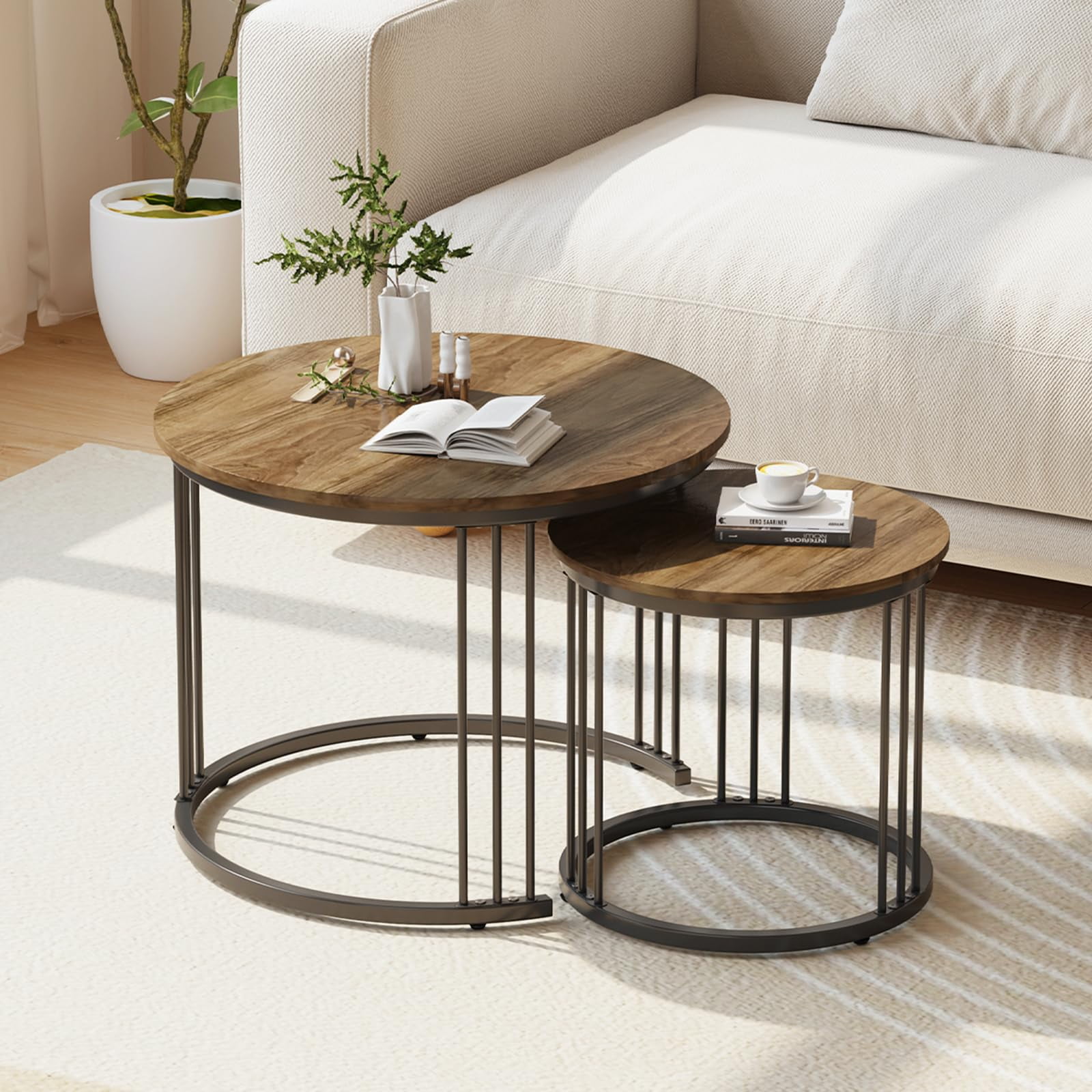 Nesting Coffee Table, 23.6" Round Coffee Table Set of 2, Wooden Nesting Table with Metal Frame, Ceter Tables for Living Room Bedroom Balcony, Brown