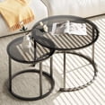 thumbnail image 1 of Nesting Coffee Table Grey Glass Table Set of 2, Small Round Glass Nesting Tables for Living Room Bedroom, Accent Tea Table with Metal Frame Modern Industrial Simple, 1 of 9
