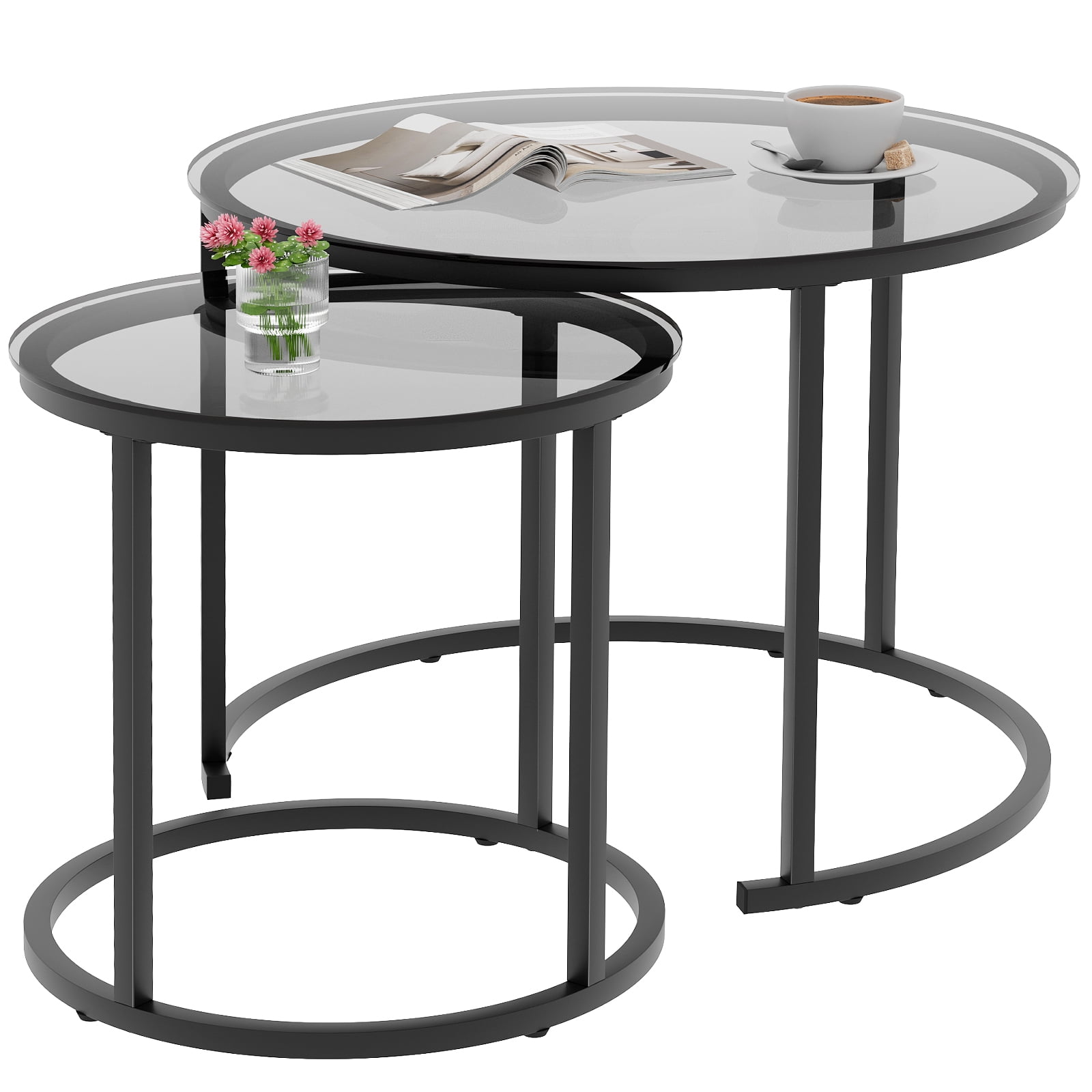 Nesting Coffee Table Grey Glass Table Set of 2, Small Round Glass Nesting Tables for Living Room Bedroom, Accent Tea Table with Metal Frame Modern Industrial Simple