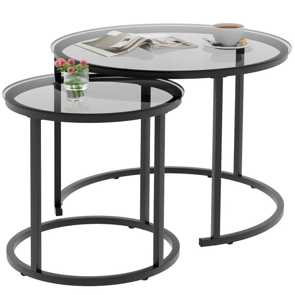 Nesting Coffee Table Grey Glass Table Set of 2, Small Round Glass Nesting Tables for Living Room Bedroom, Accent Tea Table with Metal Frame Modern Industrial Simple