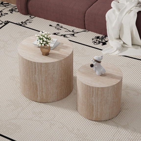 Nesting Coffee Table, Modern Handcraft Side Table with Vertical Stripe Design, Drum Center Table for Living Room