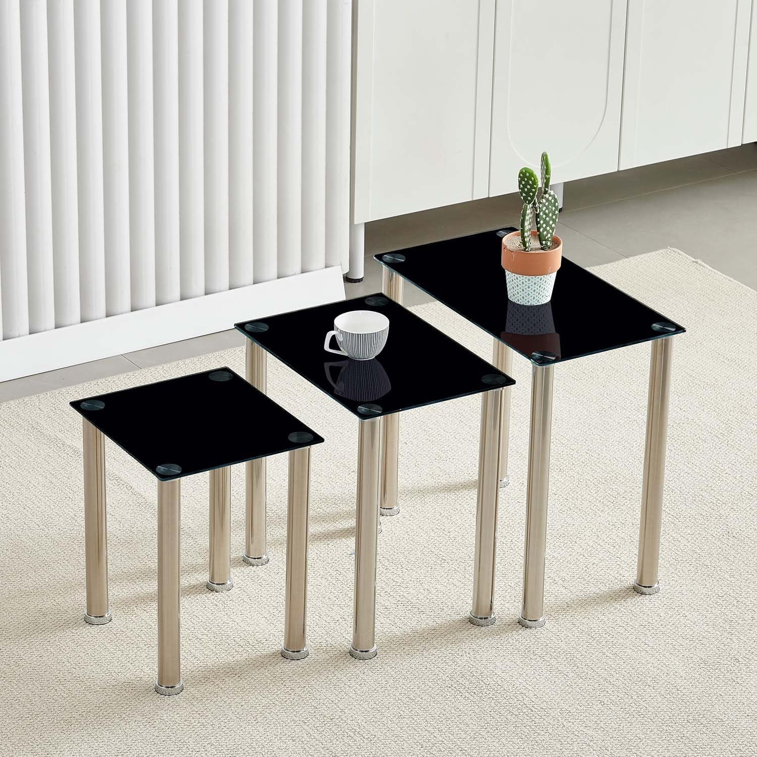 Nesting Coffee Table Modern Stacking Side Tables Sofa Side Tables with Clear Tempered Glass and ...