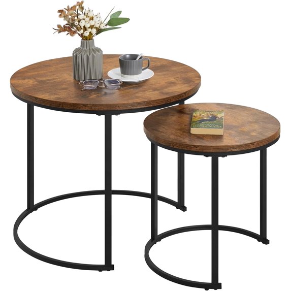 Nesting Coffee Table, Round Coffee Table for Living Room, Nesting Table with Wooden Tabletop and Sturdy Metal Frame, Stacking Living Room Tables Nesting End Table Set of 2, Rustic Brown