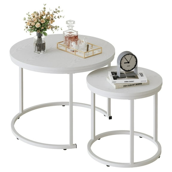 Nesting Coffee Table Round Side Table Set of 2 End Tables for Living Room Bedroom Balcony,White Wooden Stacking Accent Coffee Tables with Metal Frame