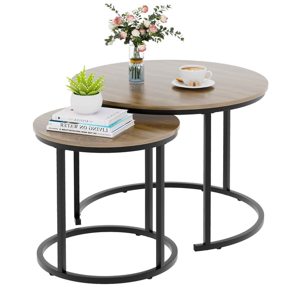 Nesting Coffee Table Round Side Table Set of 2 End Tables for Living Room Bedroom Balcony, Wooden Stacking Accent Coffee Tables with Metal Frame