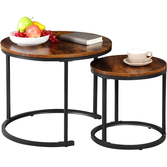 Nesting Coffee Table Set of 2, 23.6'' Round Coffee Table Circular and Industrial End Table with Wood Table Top & Sturdy Metal Frame, Industrial Nightstand for Bedroom Living Room Balcony Yard