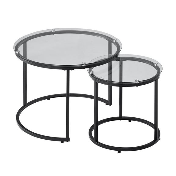 Nesting Coffee Table Set of 2, 23.6" Round Glass Tables, Small Space Living Room Side Tables, Modern Metal Frame End Tables, Bedroom Nightstand