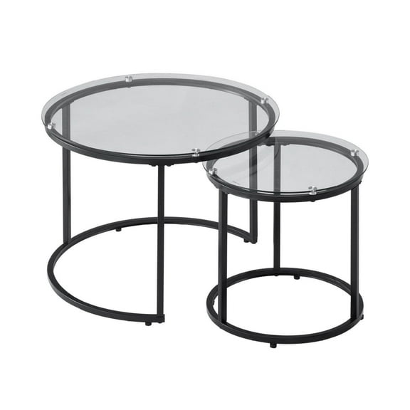 Nesting Coffee Table Set of 2, 23.6 Round Glass Tables, Small Space Living Room End Side Tables, Modern Metal Frame Nightstands for Bedroom, Office, Balcony