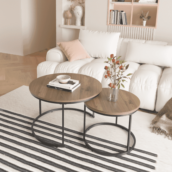 Nesting Coffee Table Set of 2, 27.6" Round Coffee Table, Wooden Nesting Tables with Adjustable Non-Slip Feet for Living Room Office Balcony