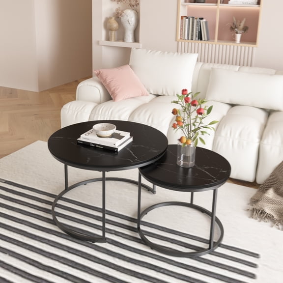 Nesting Coffee Table Set of 2, 27.6 inch Round Coffee Table, Wood Marble Pattern Top with Sturdy Metal Frame, End Table Side Tables for Living Room Bedroom Balcony Yard (Black)