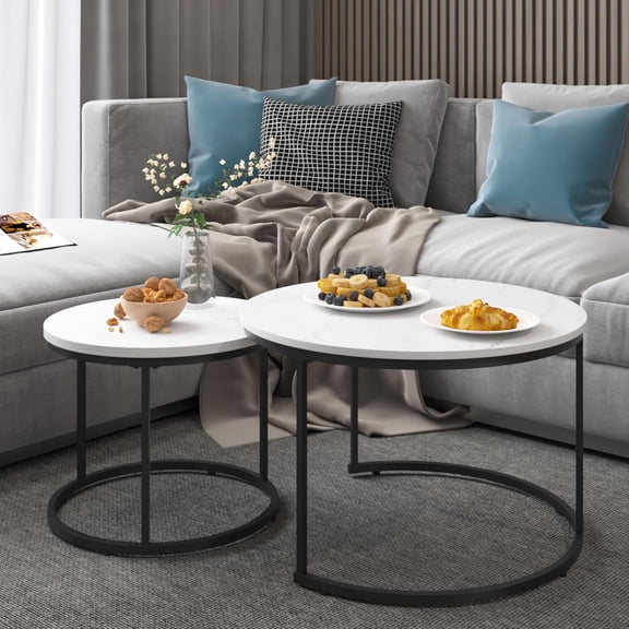 Nesting Coffee Table Set of 2, 27.6inch Round Coffee Table, Circle Coffee Tables, Round Modern Nesting with Sturdy Metal Frame for Living Room Bedroom Balcony Yard (White)