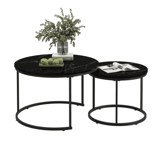 Nesting Coffee Table Set of 2, 27.6inch Round Coffee Table Wood Marble Pattern Top with Sturdy Metal Frame, End Table Side Tables for Living Room Bedroom Balcony Yard (Black)