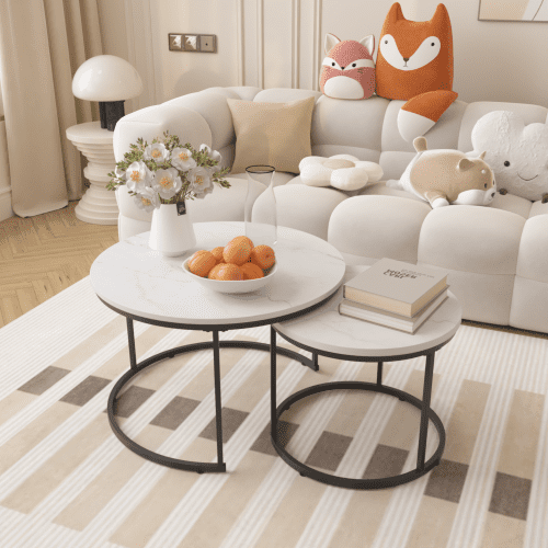 Round Coffee Table Modern Center Table Fiberglass Tea Table For Living Room, Apartment, No Need Assembly, 35.43"L X 35.43" W X 11.81" H, White