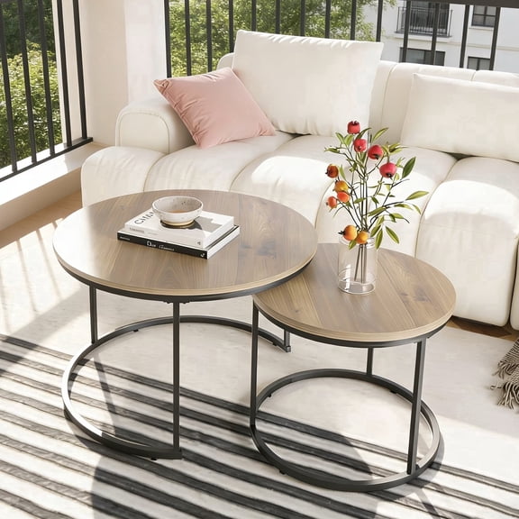 2-Pack Nesting Round Coffee Table Set, 27.56 inch Marble Pattern Wood Top with Metal Frame, Furniture for Living Room, Bedroom, Balcony & Yard, Brown