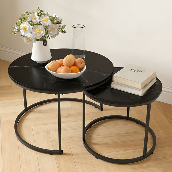 Nesting Coffee Table Set of 2, 27'' Round Coffee Table,Wood Marble Pattern Top with Metal Frame,End Table Side Tables for Living Room,Bedroom,Balcony,Yard