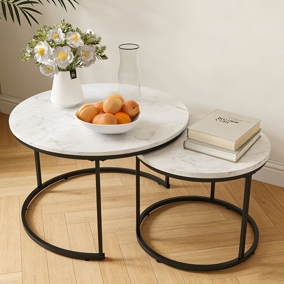Nesting Coffee Table Set of 2, 27'' Round Coffee Table,Wood Marble Pattern Top with Metal Frame,End Table Side Tables for Living Room,Bedroom,Balcony,Yard