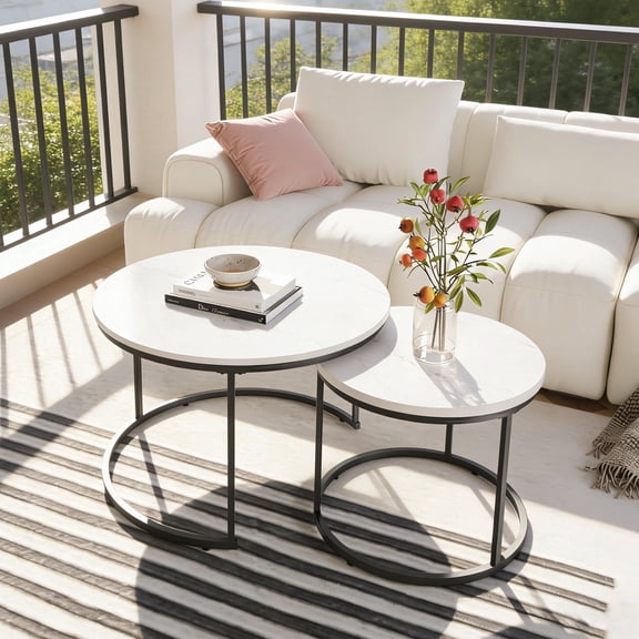 Nesting Coffee Table Set of 2, 27'' Round Coffee Table,Wood Marble Pattern Top with Metal Frame,End Table Side Tables for Living Room,Bedroom,Balcony,Yard