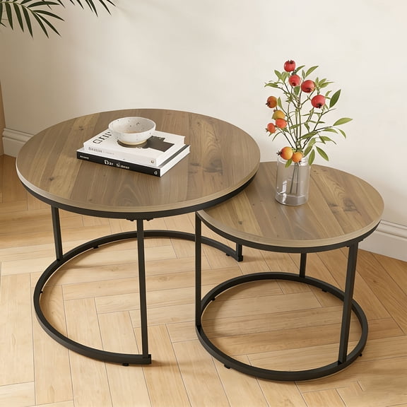Nesting Coffee Table Set of 2, 27'' Round Coffee Table,Wood Marble Pattern Top with Metal Frame,End Table Side Tables for Living Room,Bedroom,Balcony,Yard