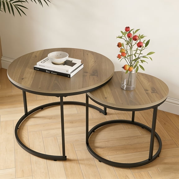 Nesting Coffee Table Set of 2, 27'' Round Coffee Table,Wood Marble Pattern Top with Metal Frame,End Table Side Tables for Living Room,Bedroom,Balcony,Yard