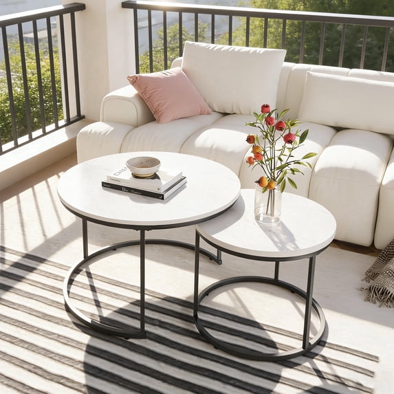 Nesting Coffee Table Set of 2, 27'' Round Coffee Table,Wood Marble Pattern Top with Metal Frame,End Table Side Tables for Living Room,Bedroom,Balcony,Yard