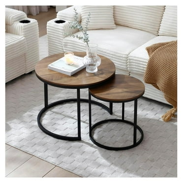 Nesting Coffee Table Set of 2, -Century Modern Round Coffee Tables for Living Room with Walnut Wood Grain Top and Adjustable Non-Slip Feet, Industrial End Table Side Tables for Bedroom Balcony Yard
