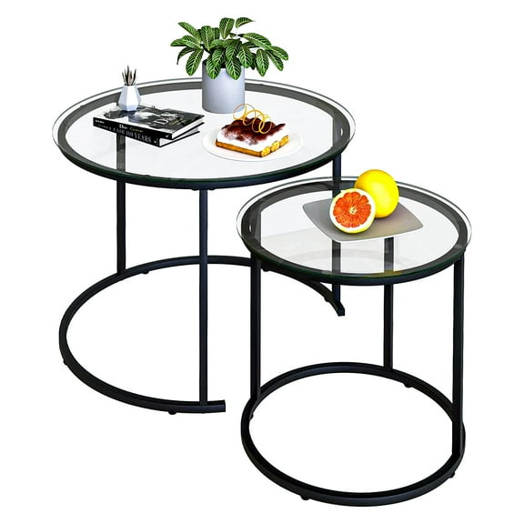 Nesting Coffee Table Set of 2,Modern Black Tempered Glass Side Table, Metal Frame Round End Table.Small Glass Tea Table for Living Room,Bedroom Studio Apartment Essentials，17.7IN