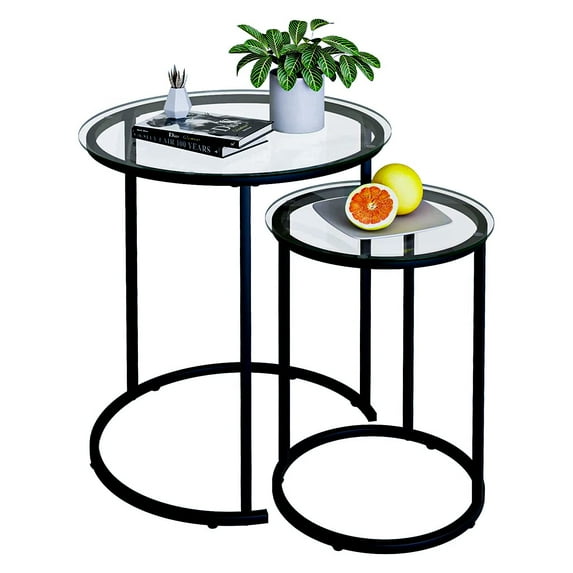 Nesting Coffee Table Set of 2,Modern Black Tempered Glass Side Table, Metal Frame Round End Table.Small Glass Tea Table for Living Room,Bedroom Studio Apartment Essentials,17.7IN