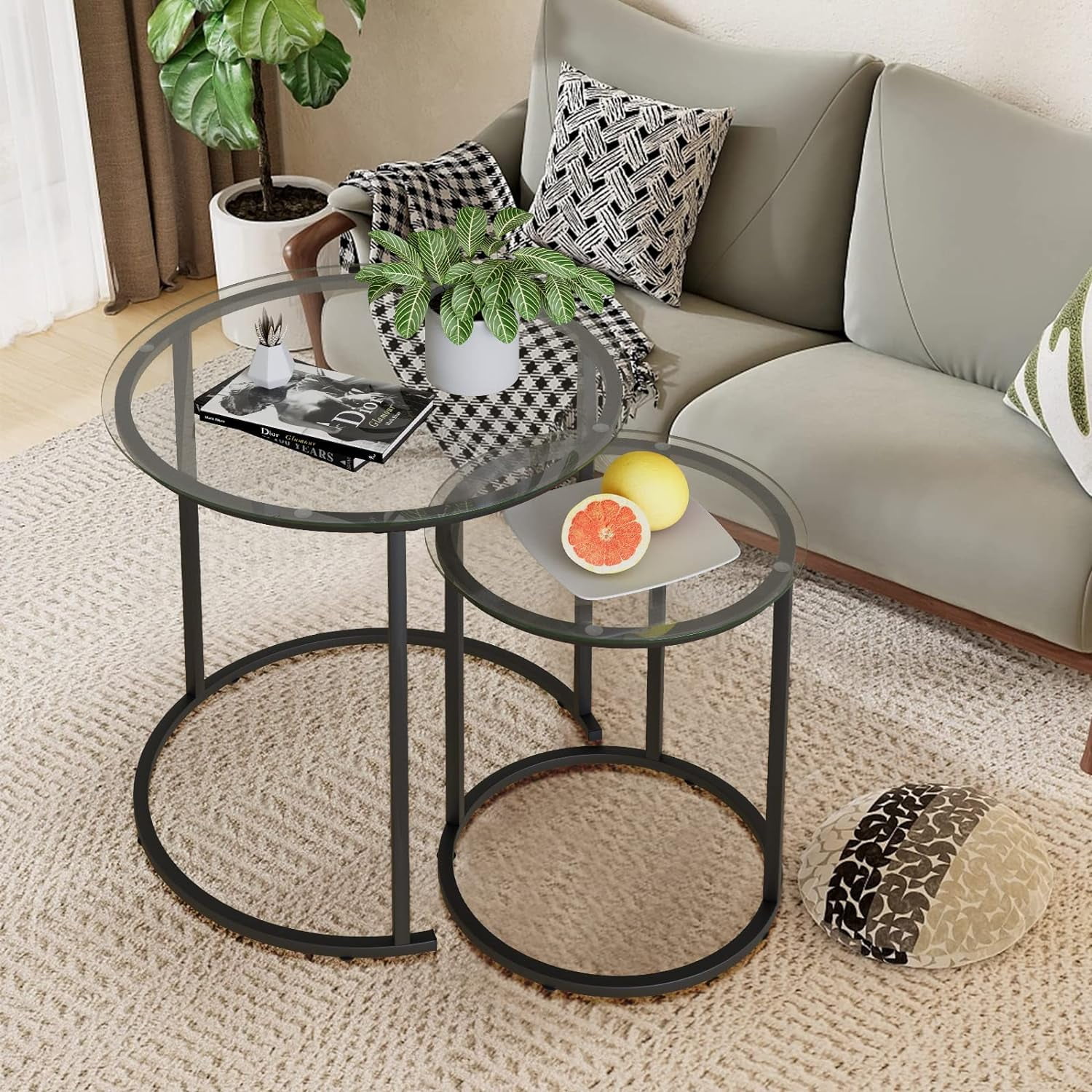 Nesting Coffee Table Set of 2,Modern Black Tempered Glass Side Table, Metal Frame Round End Table.Small Glass Tea Table for Living Room,Bedroom Studio Apartment Essentials,23.2In