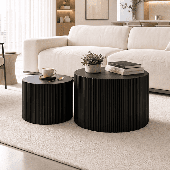 Nesting Coffee Table Set of 2, Modern Drum Side End Wave Stripe Round Coffee Table, Multipurpose Circular Coffee Table Sets - No Assembly Required for Living Room Bedroom Balcony Yard, Black