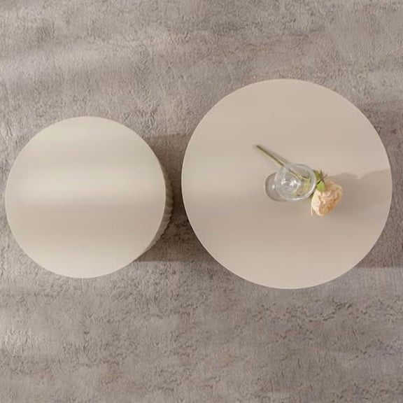 Nesting Coffee Table Set of 2, Modern Drum Side Table End Table Wave Stripe Round Coffee Table for Living Room, 33.86" Wood Center Table Coffee Table, Beige