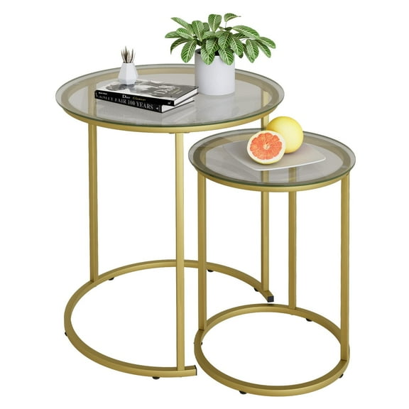 Nesting Coffee Table Set of 2,Modern Gold Tempered Glass Side Table, Metal Frame Round End Table.Small Glass Tea Table for Living Room,Bedroom Studio Apartment Essentials，23.2in