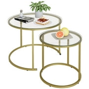 Nesting Coffee Table Set of 2,Modern Gold Tempered Glass Side Table, Metal Frame Round End Table.Small Glass Tea Table for Living Room,Bedroom Studio Apartment 